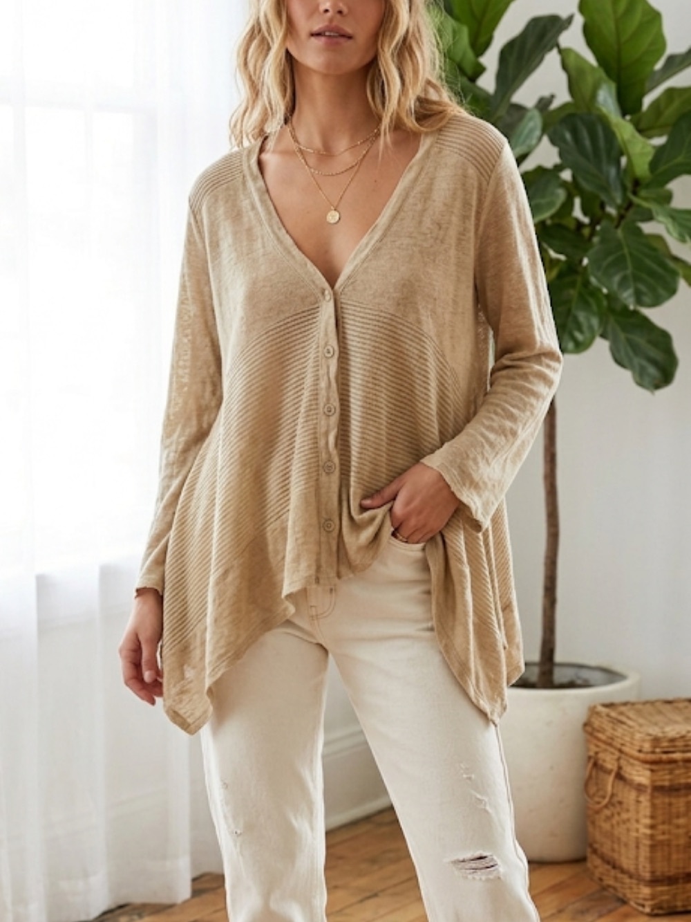 Linen Bohemian Button Up Top Striped Tan Size Medium
